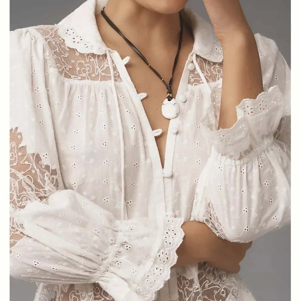 Anthropologie White Eyelet Lace Button-Front Blouse